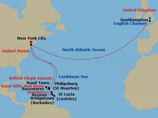 21 Night - Transatlantic Crossing and Caribbean Celebration - Queen Mary 2 - Starting in Southampton, England, UK, New York, NY, Road Town, Tortola, Philipsburg, St Maarten, Bridgetown, Barbados, Castries, St Lucia, Roseau, Dominica, Basseterre, St Kitts, New York, NY itinerary map