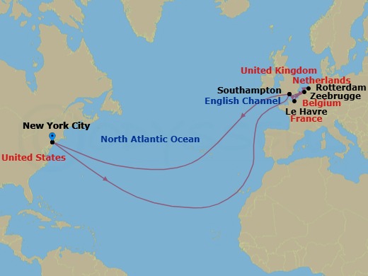 21 Night - Roundtrip Transatlantic Crossing - Queen Mary 2 - Starting in New York, NY, Southampton, England, UK, Le Havre, France, Zeebrugge (tours to Bruges), Belgium, Rotterdam, Netherlands, Southampton, England, UK, New York, NY itinerary map