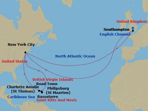 25 Night - Transatlantic Crossing and Eastern Caribbean - Queen Mary 2 - Starting in Southampton, England, UK, New York, NY, St Thomas, US Virgin Islands, Road Town, Tortola, Basseterre, St Kitts, Philipsburg, St Maarten, New York, NY, Southampton, England, UK itinerary map