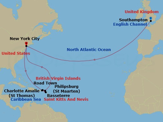 18 Night - Transatlantic Crossing and Eastern Caribbean - Queen Mary 2 - Starting in Southampton, England, UK, New York, NY, St Thomas, US Virgin Islands, Road Town, Tortola, Basseterre, St Kitts, Philipsburg, St Maarten, New York, NY itinerary map