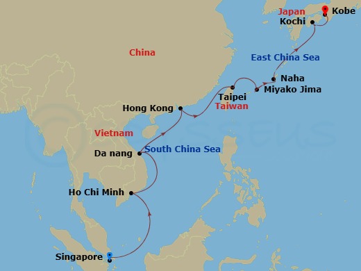 15 Night - Asia Highlights Cruise : Ho Chi Minh City, Hong Kong & Kobe - Azamara Pursuit - Starting in Singapore, Ho Chi Minh City, Hue (Da Nang), Hong Kong, Taipei (Keelung), Hirara, Miyako Island, Naha, Okinawa, Kochi, Kobe itinerary map