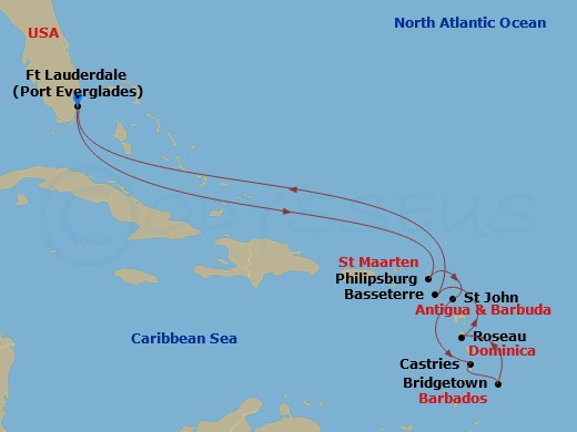 11 Night - Southern Caribbean Holiday - Celebrity Ascent - Starting in Fort Lauderdale, Florida, Philipsburg, St Maarten, St Johns AG, Antigua, Castries, St Lucia, Bridgetown, Barbados, Roseau, Dominica, Basseterre, St Kitts and Nevis, Fort Lauderdale, Florida itinerary map