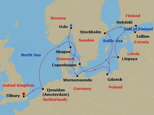 13 Night - Northern Europe Explorer - Oceania Insignia - Starting in Oslo, Skagen, Copenhagen, Gdansk, Liepaja, Tallinn, Helsinki, Stockholm, Berlin (Warnemunde), Kiel Canal Transit, Ijmuiden, London (Tilbury) itinerary map