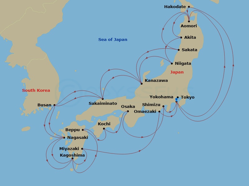 28 Night - Grand Circle Japan with Fall Foliage - Diamond Princess - Starting in Tokyo (Yokohama), Japan, Hakodate, Japan, Aomori, Japan, Akita, Japan, Niigata, Japan, Kanazawa, Japan, Sakaiminato, Japan, Busan, South Korea, Nagasaki, Japan, Kagoshima, Japan, Miyazaki (Aburatsu), Japan, Omaezaki, Japan, Tokyo (Yokohama), Japan, Aomori, Japan, Sakata, Japan, Kanazawa, Japan, Sakaiminato, Japan, Busan, South Korea, Nagasaki, Japan, Kagoshima, Japan, Beppu, Japan, Kochi, Japan, Osaka (for Kyoto), Japan, Shimizu (for Mount Fuji), Japan, Tokyo (Yokohama), Japan itinerary map