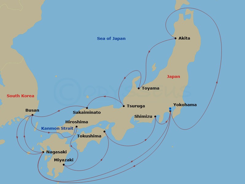 18 Night - Grand Circle Japan - Diamond Princess - Starting in Tokyo (Yokohama), Japan, Akita, Japan, Toyama (Fushiki), Japan, Tsuruga, Japan, Sakaiminato, Japan, Busan, South Korea, Nagasaki, Japan, Tokyo (Yokohama), Japan, Nagasaki, Japan, Busan, South Korea, Kanmon Straits, Japan, Hiroshima, Japan, Miyazaki (Aburatsu), Japan, Tokushima, Japan, Shimizu (for Mount Fuji), Japan, Tokyo (Yokohama), Japan itinerary map