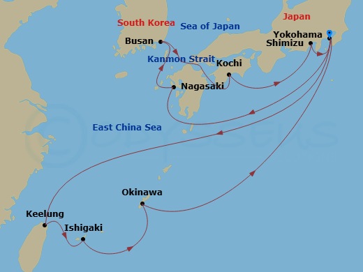 16 Night - Grand Japan with Okinawa & Taiwan - Diamond Princess - Starting in Tokyo (Yokohama), Japan, Nagasaki, Japan, Busan, South Korea, Kochi, Japan, Shimizu (for Mount Fuji), Japan, Tokyo (Yokohama), Japan, Taipei (Keelung), Ishigaki, Japan, Okinawa, Japan, Tokyo (Yokohama), Japan itinerary map