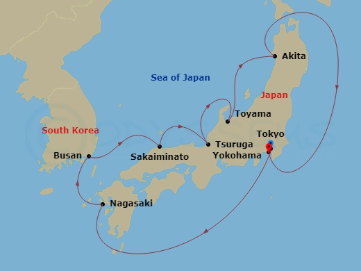 9 Night - Circle Japan - Diamond Princess - Starting in Tokyo (Yokohama), Japan, Nagasaki, Japan, Busan, South Korea, Sakaiminato, Japan, Tsuruga, Japan, Toyama (Fushiki), Japan, Akita, Japan, Tokyo (Yokohama), Japan itinerary map