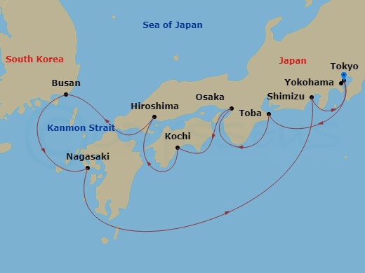 10 Night - Japan Explorer - Diamond Princess - Starting in Tokyo (Yokohama), Japan, Toba, Japan, Osaka (for Kyoto), Japan, Kochi, Japan, Hiroshima, Japan, Kanmon Straits, Japan, Busan, South Korea, Nagasaki, Japan, Shimizu (for Mount Fuji), Japan, Tokyo (Yokohama), Japan itinerary map