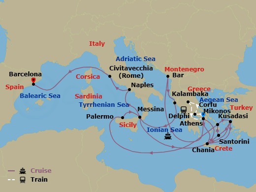 25 Night - Best of Greece - Tour 5G - Sun Princess Tours - Starting in Athens (Piraeus), Greece, Delphi, Greece, Kalambaka, Greece, Athens (Piraeus), Greece, Montenegro, Corfu, Greece, Sicily (Messina), Italy, Santorini, Greece, Mykonos, Greece, Kusadasi, Turkey (for Ephesus), Crete (Chania), Greece, Athens (Piraeus), Greece, Crete (Chania), Greece, Kusadasi, Turkey (for Ephesus), Santorini, Greece, Mykonos, Greece, Sicily (Palermo), Italy, Sicily (Messina), Italy, Naples, Italy (for Capri and Pompeii), Civitavecchia (for Rome), Italy, Barcelona, Spain itinerary map