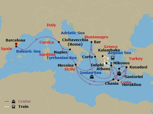 25 Night - Best of Greece - Tour 5G - Sun Princess Tours - Starting in Athens (Piraeus), Greece, Delphi, Greece, Kalambaka, Greece, Athens (Piraeus), Greece, Montenegro, Corfu, Greece, Sicily (Messina), Italy, Santorini, Greece, Mykonos, Greece, Kusadasi, Turkey (for Ephesus), Crete (Chania), Greece, Athens (Piraeus), Greece, Crete (Heraklion), Greece, Kusadasi, Turkey (for Ephesus), Santorini, Greece, Mykonos, Greece, Crete (Chania), Greece, Sicily (Messina), Italy, Naples, Italy (for Capri and Pompeii), Civitavecchia (for Rome), Italy, Barcelona, Spain itinerary map