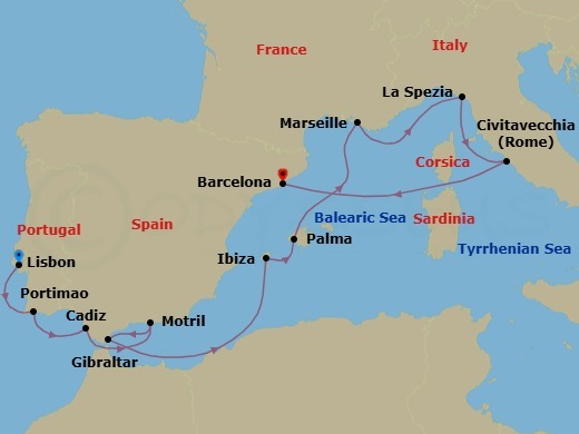 11 Night - Europe - Western Mediterranean - Barcelona - Norwegian Dawn - Starting in Lisbon, Portugal, Portimao, Portugal, Cadiz / Seville, Spain, Motril, Spain, Gibraltar, Ibiza, Spain, Palma Majorca, Spain, Provence, Marseille, France, La Spezia, Italy, Civitavecchia Rome, Italy, Barcelona, Spain itinerary map