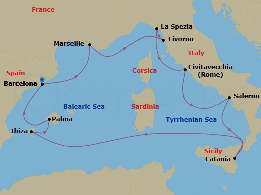 10 Night - Europe - Western Mediterranean - Barcelona - Norwegian Dawn - Starting in Barcelona, Spain, Provence, Marseille, France, Livorno / Florence / Pisa, Italy, La Spezia, Italy, Civitavecchia Rome, Italy, Amalfi Coast (Salerno), Italy, Catania, Italy, Ibiza, Spain, Palma Majorca, Spain, Barcelona, Spain itinerary map