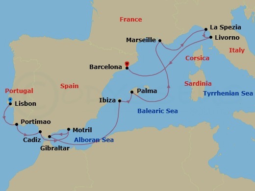 11 Night - Europe - Western Mediterranean - Barcelona - Norwegian Dawn - Starting in Lisbon, Portugal, Portimao, Portugal, Cadiz / Seville, Spain, Motril, Spain, Gibraltar, Ibiza, Spain, Palma Majorca, Spain, Provence, Marseille, France, La Spezia, Italy, Livorno / Florence / Pisa, Italy, Barcelona, Spain itinerary map