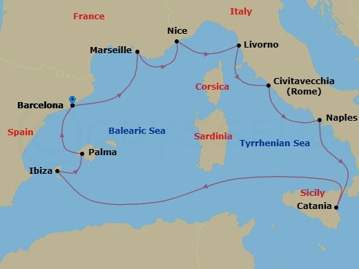 10 Night - Europe - Western Mediterranean - Barcelona - Norwegian Dawn - Starting in Barcelona, Spain, Provence, Marseille, France, Nice / Monaco (Villefranche), France, Livorno / Florence / Pisa, Italy, Civitavecchia Rome, Italy, Naples / Pompeii, Italy, Catania, Italy, Ibiza, Spain, Palma Majorca, Spain, Barcelona, Spain itinerary map