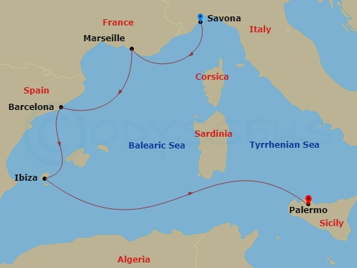5 Night - Western Mediterranean from Savona to Palermo - Costa Smeralda - Starting in Savona, Marseille, Barcelona, Ibiza, Palermo itinerary map