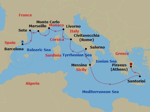 10 Night - Icons of the Mediterranean - Oceania Allura - Starting in Barcelona, Sete, Provence (Marseille), Monte Carlo, Florence / Pisa / Tuscany (Livorno), Rome (Civitavecchia), Salerno, Messina (Sicily), Santorini, Athens (Piraeus) itinerary map