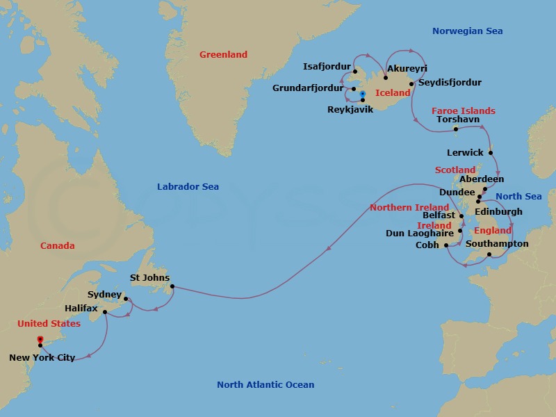 26 Night - Iceland & Maritimes Odyssey - Oceania Vista - Starting in Reykjavik, Grundarfjordur, Isafjordur, Akureyri, Seydisfjordur, Torshavn, Faroe Islands, Lerwick (Shetland Islands), Aberdeen, Dundee, Edinburgh (Newhaven), London (Southampton), Cork (Cobh), Dublin (Dun Laoghaire), Belfast, St Johns NF, Sydney CA, Halifax, New York itinerary map