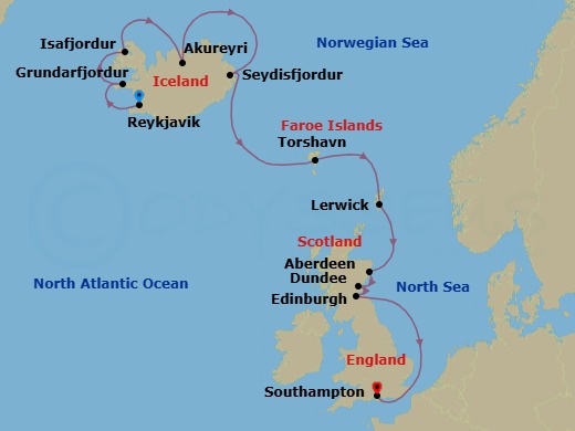 12 Night - Arctic Ice & Scottish Gems - Oceania Vista - Starting in Reykjavik, Grundarfjordur, Isafjordur, Akureyri, Seydisfjordur, Torshavn, Faroe Islands, Lerwick (Shetland Islands), Aberdeen, Dundee, Edinburgh (Newhaven), London (Southampton) itinerary map