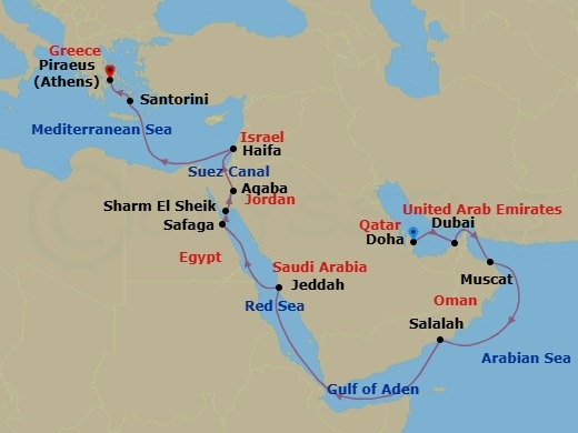 19 Night - History at Sea - Seven Seas Explorer - Starting in Doha, Dubai, Cruising the Red Sea, Muscat, Cruising the Arabian Sea, Salalah, Cruising the Gulf of Aden, Cruising the Red Sea, Jeddah, Cruising the Red Sea, Luxor (Safaga), Sharm El-Sheikh, Aqaba, Suez Canal (Transit), Jerusalem (Haifa), Cruising the Mediterranean Sea, Santorini, Athens (Piraeus) itinerary map