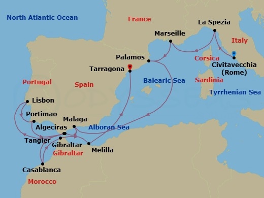 14 Night - European Serenity Awaits - Seven Seas Splendor - Starting in Rome (Civitavecchia), La Spezia (Cinque Terre), Provence (Marseille), Palamos, Cruising the Mediterranean Sea, Malaga, Gibraltar, Lisbon, Portimao, Algeciras, Casablanca, Tangier, Melilla, Cruising the Mediterranean Sea, Barcelona (Tarragona) itinerary map
