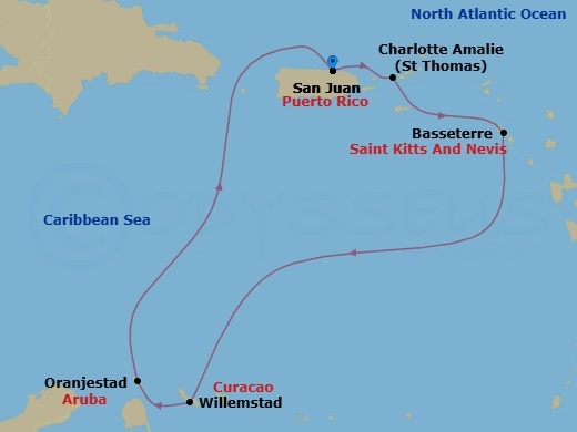 7 Night - Southern Caribbean Cruise - Vision of the Seas - Starting in San Juan, Puerto Rico, Charlotte Amalie, St Thomas, Basseterre, St Kitts and Nevis, Willemstad AN, Curacao, Oranjestad, Aruba, San Juan, Puerto Rico itinerary map