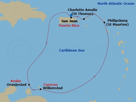 7 Night - Southern Caribbean Cruise - Vision of the Seas - Starting in San Juan, Puerto Rico, Charlotte Amalie, St Thomas, Philipsburg, St Maarten, Willemstad AN, Curacao, Oranjestad, Aruba, San Juan, Puerto Rico itinerary map