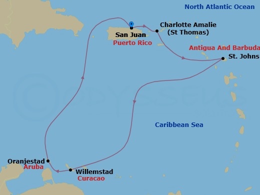 7 Night - Southern Caribbean Cruise - Vision of the Seas - Starting in San Juan, Puerto Rico, Charlotte Amalie, St Thomas, St Johns AG, Antigua, Willemstad AN, Curacao, Oranjestad, Aruba, San Juan, Puerto Rico itinerary map