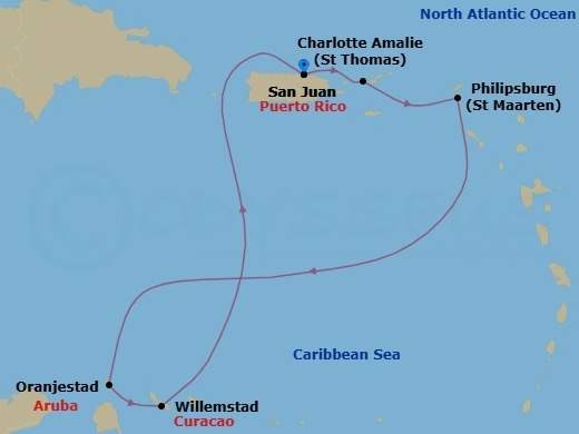 7 Night - Southern Caribbean Cruise - Vision of the Seas - Starting in San Juan, Puerto Rico, Charlotte Amalie, St Thomas, Philipsburg, St Maarten, Oranjestad, Aruba, Willemstad AN, Curacao, San Juan, Puerto Rico itinerary map