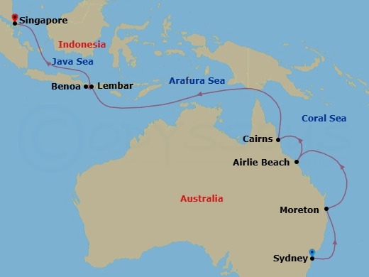 15 Night - Journeys - Southeast Asia - Carnival Splendor - Starting in Sydney AU, Moreton Island, Australia, Airlie Beach, Australia, Cairns, Australia, Lembar, Lombok, Indonesia, Benoa (Denpasar), Bali, Crossing the Equator, Singapore itinerary map