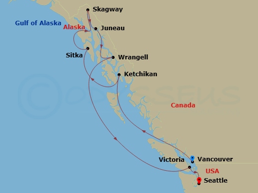 10 Night - Gold Rush & Glaciers - Oceania Riviera - Starting in Vancouver, Cruising the Inside Passage, Ketchikan, Sitka, Cruising Holkham Bay Glacier Fjords, Skagway, Juneau, Wrangell, Victoria CA, Seattle itinerary map