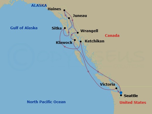 11 Night - Dramatic Alaska - Oceania Riviera - Starting in Seattle, Ketchikan, Sitka, Cruising Holkham Bay Glacier Fjords, Juneau, Haines, Wrangell, Klawock, Victoria CA, Seattle itinerary map