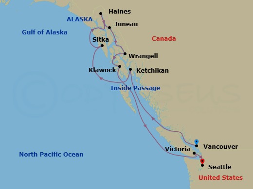 11 Night - Worlds of Wonder - Oceania Riviera - Starting in Vancouver, Cruising the Inside Passage, Ketchikan, Sitka, Cruising Holkham Bay Glacier Fjords, Haines, Juneau, Wrangell, Klawock, Victoria CA, Seattle itinerary map