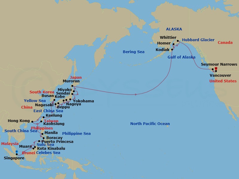 39 Night - Asia to Alaska Majesty - Oceania Riviera - Starting in Singapore, Muara, Kota Kinabalu (Borneo), Puerto Princesa, Boracay Island, Manila, Kaohsiung, Hong Kong, Taipei (Keelung), Busan, Nagasaki, Beppu, Kyoto (Kobe), Nagoya, Tokyo (Yokohama), Sendai, Miyako, Muroran (Hokkaido), Intl Date Line East, Kodiak, Homer, Anchorage (Whittier), Cruising Hubbard Glacier, Cruising the Seymour Narrows, Vancouver itinerary map