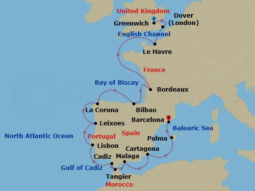18 Night - Iconic Western Europe - Viking Libra - Starting in London (Greenwich), Dover UK, Paris (Le Havre), Sail the Atlantic Ocean, Bordeaux, Bilbao, A Coruna, Porto (Leixoes), Lisbon, Seville (Cadiz), Tangier, Granada (Malaga), Murcia (Cartagena ES, Spain), Palma De Mallorca, Barcelona itinerary map