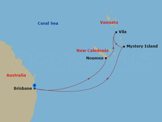 8 Night - South Pacific Cruise - Quantum of the Seas - Starting in Brisbane, Australia, Noumea, New Caledonia, Vila, Vanuatu, Mystery Island, Vanuatu, Brisbane, Australia itinerary map