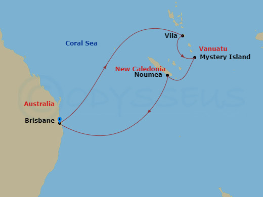 8 Night - South Pacific Cruise - Quantum of the Seas - Starting in Brisbane, Australia, Vila, Vanuatu, Mystery Island, Vanuatu, Noumea, New Caledonia, Brisbane, Australia itinerary map