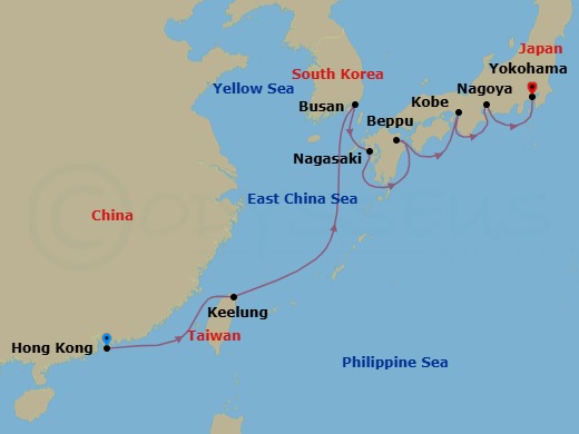 11 Night - Whispers of the Far East - Oceania Riviera - Starting in Hong Kong, Taipei (Keelung), Busan, Nagasaki, Beppu, Kyoto (Kobe), Nagoya, Tokyo (Yokohama) itinerary map