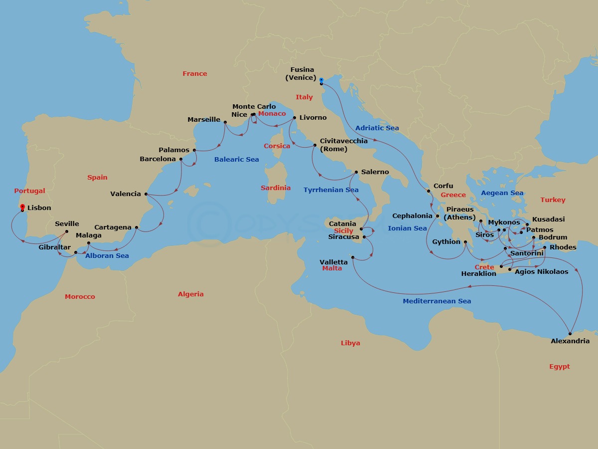 42 Night - Venice to Lisbon Grand Voyage - Azamara Onward - Starting in Venice (Fusina), Corfu, Argostoli, Gythion, Santorini, Agios Nikolaos, (Crete), Rhodes, Ephesus (Kusadasi), Patmos, Mykonos, Athens (Piraeus), Syros, Bodrum, Heraklion, (Crete), Alexandria EG (Cairo), Egypt, Valletta, Siracusa, Sicily, Catania, (Sicily), Amalfi Coast (Salerno), Rome (Civitavecchia), Florence / Pisa (Livorno), Monte Carlo, Nice, Provence (Marseille), Palamos, Barcelona, Valencia, Cartagena ES, Malaga, Gibraltar, Seville, Lisbon itinerary map