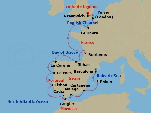 18 Night - Iconic Western Europe - Viking Mira - Starting in Barcelona, Palma De Mallorca, Murcia (Cartagena ES, Spain), Granada (Malaga), Tangier, Seville (Cadiz), Lisbon, Porto (Leixoes), A Coruna, Bilbao, Bordeaux, Sail the Atlantic Ocean, Paris (Le Havre), Dover UK, London (Greenwich) itinerary map