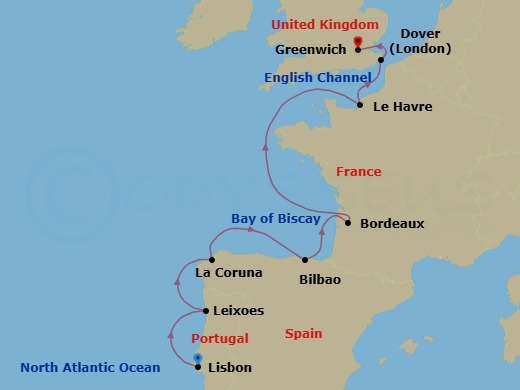 11 Night - Iberia, France & England Explorer - Viking Mira - Starting in Lisbon, Porto (Leixoes), A Coruna, Bilbao, Bordeaux, Sail the Atlantic Ocean, Paris (Le Havre), Dover UK, London (Greenwich) itinerary map