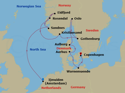 12 Night - Ijmuiden to Copenhagen - Silver Spirit - Starting in Ijmuiden (Amsterdam), Sandnes (Stavanger), Rosendal, Eidfjord, Kristiansand, Gothenburg, Oslo, Aalborg, Aarhus, Warnemunde (Rostock), Copenhagen itinerary map