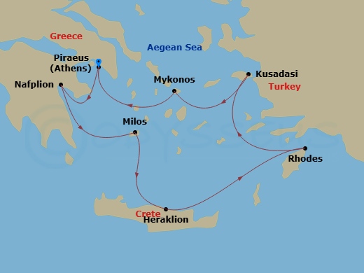 7 Night - Athens to Athens - Silver Nova - Starting in Athens (Piraeus), Nafplion, Milos, Heraklion, Rhodes, Kusadasi, Mykonos, Athens (Piraeus) itinerary map
