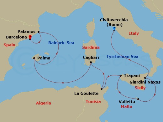 10 Night - Civitavecchia to Barcelona - Silver Muse - Starting in Civitavecchia (Rome), Giardini Naxos (Sicily), Valletta, Trapani, Sicily, Tunis (La Goulette), Cagliari (Sardinia), Palma De Mallorca, Palamos, Barcelona itinerary map
