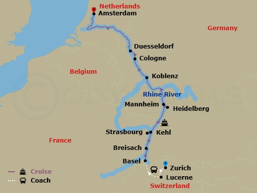 10 Night - Zurich - Lucerne & Jewels of the Rhine - Emerald Destiny - Starting in Zurich, Zurich / Lucerne, Lucerne, Lucerne / Basel (Huningue), Breisach, Kehl / Strasbourg, Mannheim (Heidelberg), Koblenz, Cologne / Dusseldorf, Amsterdam itinerary map