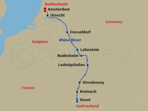 7 Night - Christmas Markets On the Rhine - AmaStella - Starting in Basel, Breisach, Strasbourg, Ludwigshafen, Rudesheim, Lahnstein, Dusseldorf, Utrecht, Amsterdam itinerary map