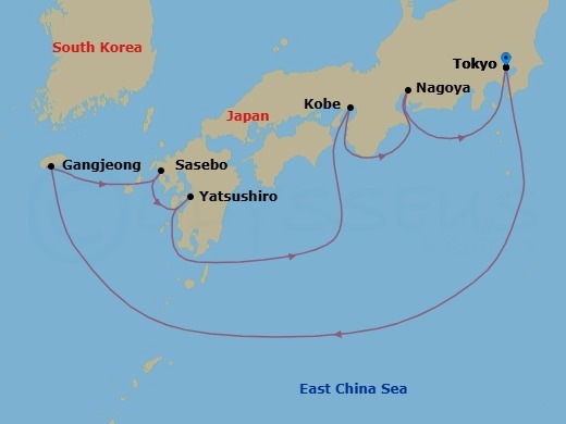 9 Night - Far East - MSC Bellissima - Starting in Tokyo, Japan, Gangjeong / Jeju Island, South Korea, Sasebo, Japan, Yatsushiro / Kumamoto, Japan, Kobe, Japan, Nagoya, Japan, Tokyo, Japan itinerary map