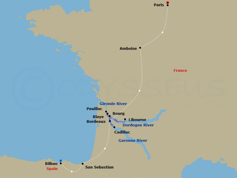 14 Night - Taste of Bordeaux (Wine Cruise) with Bilbao, San Sebastian Pre-Cruise and Loire Valley, Paris Charles De Gaulle Post-Cruise - AmaDolce Tours - Starting in Bilbao, San Sebastian, Bordeaux, Libourne, Blaye, Engelhartszell, Pauillac, Cadillac, Bordeaux, Loire Valley / Amboise, Amboise, Paris itinerary map