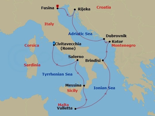 9 Night - The Lavender Coast - Seven Seas Grandeur - Starting in Rome (Civitavecchia), Salerno, Messina (Sicily), Valletta, Cruising the Ionian Sea, Brindisi, Kotor, Dubrovnik, Croatia, Rijeka, Venice (Fusina) itinerary map