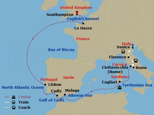15 Night - Classic Italy - Tour 4E - Caribbean Princess Tours - Starting in Venice, Italy, Florence, Italy, Rome, Italy, Civitavecchia (for Rome), Italy, Sardinia (Cagliari), Italy, Malaga, Spain, Seville (Cadiz), Spain, Lisbon, Portugal, Le Havre (for Paris / Normandy), France, Southampton (for London), England itinerary map