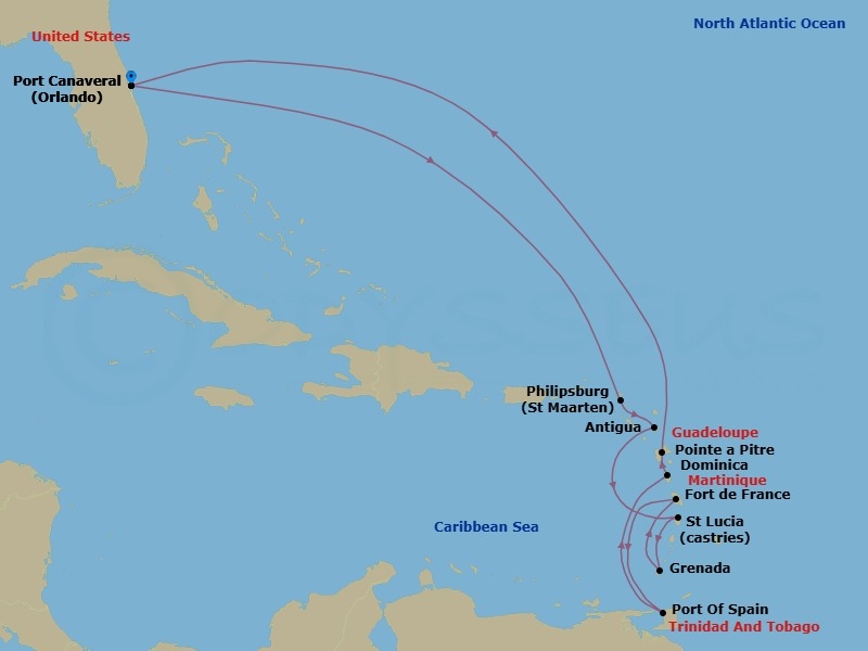 14 Night - Journeys - Caribbean Carnaval - Carnival Firenze - Starting in Port Canaveral (Orlando), Fl, St Maarten, Antigua, St Lucia, Grenada, Martinique, Port of Spain, Trinidad, Dominica, Guadeloupe, Fwi, Port Canaveral (Orlando), Fl itinerary map